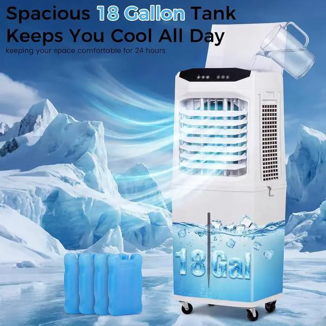 Alt view image 4 of 7 - 18Gal Swamp Cooler, 3300CFM Evaporative Cooler with Detachable Foldable Water Tank,120°Oscillation,12H Timer,3 Speeds,Portable Air Conditioner for Room,Indoor,Outdoor (white, 18 GAL)