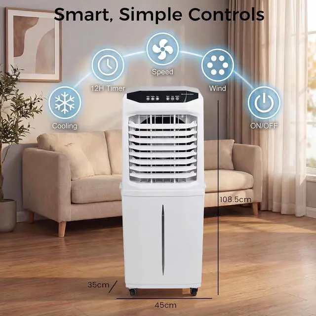 Alt view image 5 of 7 - 18Gal Swamp Cooler, 3300CFM Evaporative Cooler with Detachable Foldable Water Tank,120°Oscillation,12H Timer,3 Speeds,Portable Air Conditioner for Room,Indoor,Outdoor (white, 18 GAL)