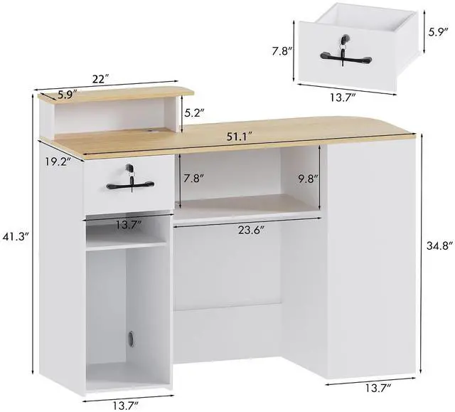 Alt view image 2 of 7 - Modern Reception Desk with LED Light and Hidden Power Outlet, Front Desk with DIY Metal Strips, Reception Counter Table for Checkout, Office, Lobby, Nail Salon Spa (White+Wood
