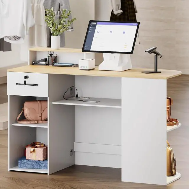 Alt view image 3 of 7 - Modern Reception Desk with LED Light and Hidden Power Outlet, Front Desk with DIY Metal Strips, Reception Counter Table for Checkout, Office, Lobby, Nail Salon Spa (White+Wood
