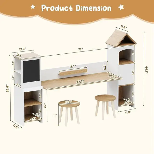 Alt view image 2 of 7 - Kids Desk with Blackboard & 2 Stools | Magnetic Blackboard, Rounded Corners, Ample Storage, Book Stand, 47" Wide for 2 Kids, Bedroom/Playroom, Ages 3-8