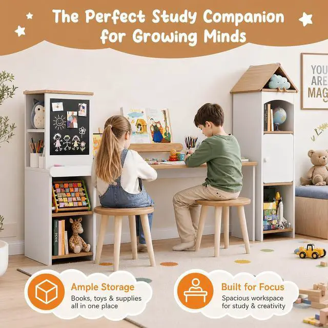 Alt view image 4 of 7 - Kids Desk with Blackboard & 2 Stools | Magnetic Blackboard, Rounded Corners, Ample Storage, Book Stand, 47" Wide for 2 Kids, Bedroom/Playroom, Ages 3-8