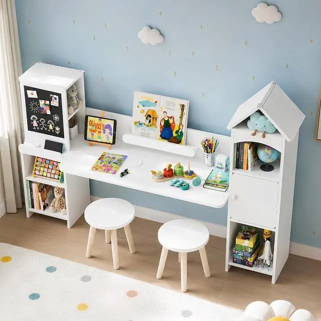 Main image of Kids Desk with Storage & 2 Stools | Magnetic Blackboard, Rounded Corners, Ample Storage, Book Stand, 47" Wide for 2 Kids, Bedroom/Playroom, Ages 3-8