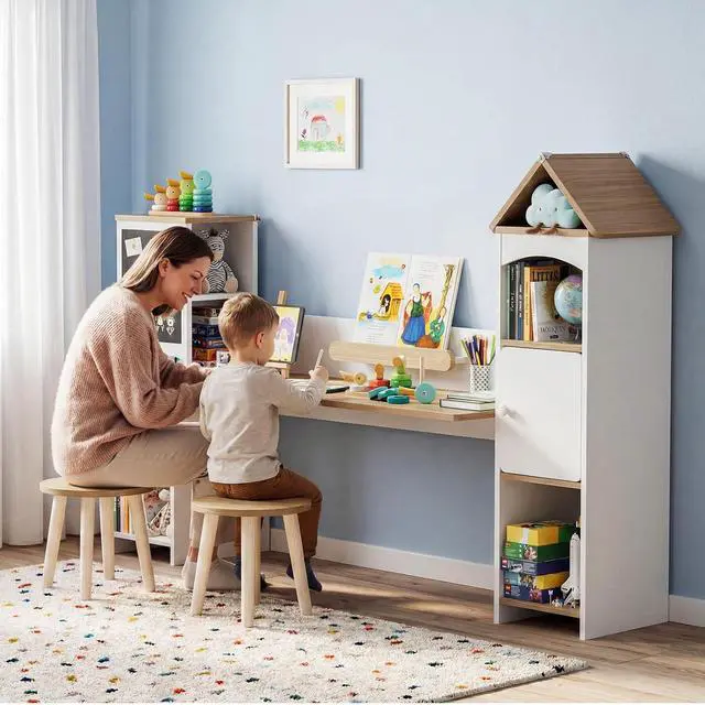 Alt view image 3 of 7 - Kids Desk with Blackboard & 2 Stools | Magnetic Blackboard, Rounded Corners, Ample Storage, Book Stand, 47" Wide for 2 Kids, Bedroom/Playroom, Ages 3-8