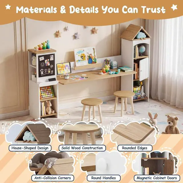 Alt view image 7 of 7 - Kids Desk with Blackboard & 2 Stools | Magnetic Blackboard, Rounded Corners, Ample Storage, Book Stand, 47" Wide for 2 Kids, Bedroom/Playroom, Ages 3-8