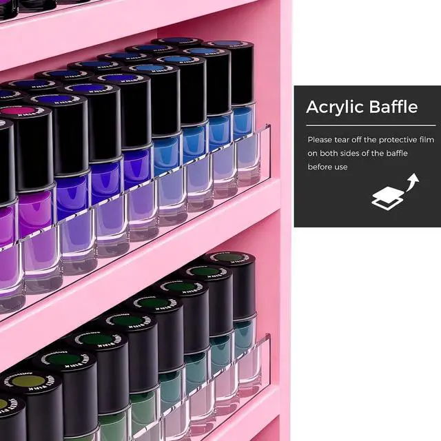 Alt view image 6 of 7 - Wood Nail Polish Organizer, Wall Mount Polish Rack w/Acrylic Baffles, 6 Layers Nail Salon Storage Display Shelf, Holds 120+Bottles Perfume Essential Oil, 2 Packs, Pink