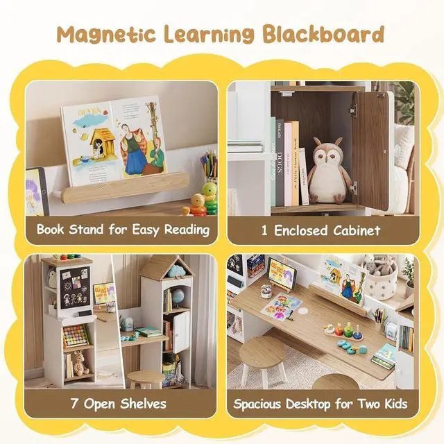 Alt view image 5 of 7 - Kids Desk with Blackboard & 2 Stools | Magnetic Blackboard, Rounded Corners, Ample Storage, Book Stand, 47" Wide for 2 Kids, Bedroom/Playroom, Ages 3-8