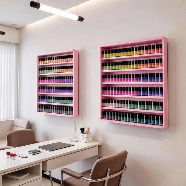 Alt view image 7 of 7 - Wood Nail Polish Organizer, Wall Mount Polish Rack w/Acrylic Baffles, 6 Layers Nail Salon Storage Display Shelf, Holds 120+Bottles Perfume Essential Oil, 2 Packs, Pink