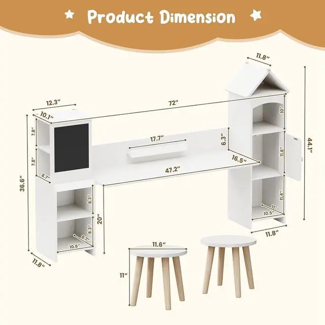 Alt view image 2 of 7 - Kids Desk with Storage & 2 Stools | Magnetic Blackboard, Rounded Corners, Ample Storage, Book Stand, 47" Wide for 2 Kids, Bedroom/Playroom, Ages 3-8