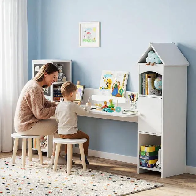 Alt view image 3 of 7 - Kids Desk with Storage & 2 Stools | Magnetic Blackboard, Rounded Corners, Ample Storage, Book Stand, 47" Wide for 2 Kids, Bedroom/Playroom, Ages 3-8