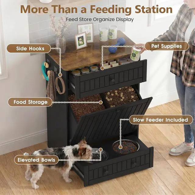 Alt view image 2 of 7 - Dog Feeding Station Cabinet Elevated Bowls (Black, Classic Panel) | Slow Feeder Insert, Large food bin, Removable Divider, 3 Side Hooks, Pull-Out Drawer, Easy to Clean for Small & Middle Dogs