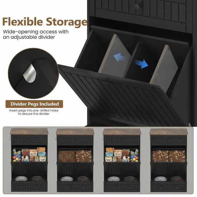 Alt view image 3 of 7 - Dog Feeding Station Cabinet Elevated Bowls (Black, Classic Panel) | Slow Feeder Insert, Large food bin, Removable Divider, 3 Side Hooks, Pull-Out Drawer, Easy to Clean for Small & Middle Dogs