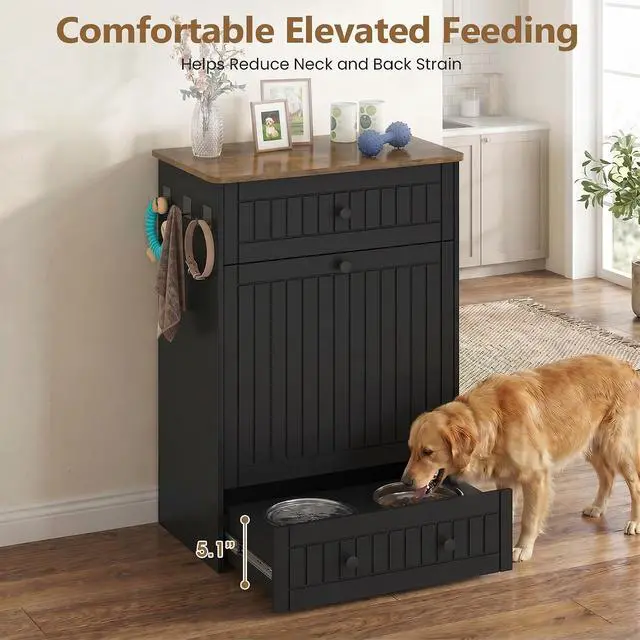 Alt view image 4 of 7 - Dog Feeding Station Cabinet Elevated Bowls (Black, Classic Panel) | Slow Feeder Insert, Large food bin, Removable Divider, 3 Side Hooks, Pull-Out Drawer, Easy to Clean for Small & Middle Dogs