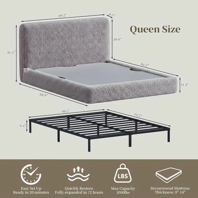 Alt view image 2 of 7 - Queen Cloud Bed Frame with Headboard, Soft Boucle Bed Frame (Gray) | Upholstered Low Platform Bed, Anti-Collision Foam Cushion, Washable Cover, Modern Bedroom & Apartment, No Box Spring Needed
