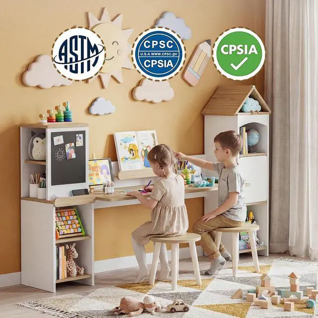 Alt view image 6 of 7 - Kids Desk with Blackboard & 2 Stools | Magnetic Blackboard, Rounded Corners, Ample Storage, Book Stand, 47" Wide for 2 Kids, Bedroom/Playroom, Ages 3-8