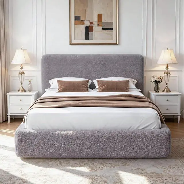 Main image of Full Cloud Bed Frame with Headboard, Soft Boucle Bed Frame (Gray) | Upholstered Low Platform Bed, Anti-Collision Foam Cushion, Washable Cover, Modern Bedroom & Apartment, No Box Spring Needed