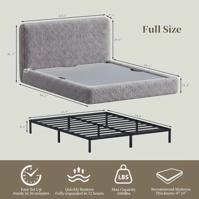 Alt view image 2 of 7 - Full Cloud Bed Frame with Headboard, Soft Boucle Bed Frame (Gray) | Upholstered Low Platform Bed, Anti-Collision Foam Cushion, Washable Cover, Modern Bedroom & Apartment, No Box Spring Needed