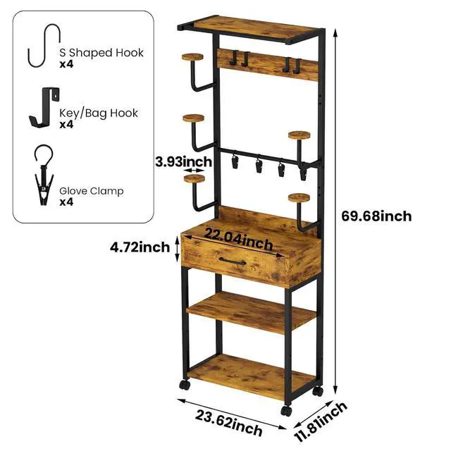 Alt view image 2 of 7 - Freestanding Floor Mounted Helmet & Gear Storage Rack, Adjustable Organizer with Glove Clips, Hooks, Drawer & Shoe Shelf for Motorcycle, Cycling, Skiing Equipment