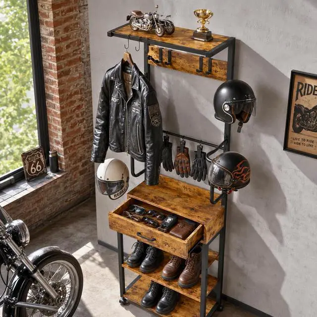 Main image of Freestanding Floor Mounted Helmet & Gear Storage Rack, Adjustable Organizer with Glove Clips, Hooks, Drawer & Shoe Shelf for Motorcycle, Cycling, Skiing Equipment