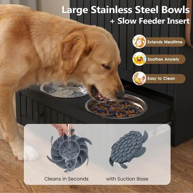Alt view image 6 of 7 - Dog Feeding Station Cabinet Elevated Bowls (Black, Classic Panel) | Slow Feeder Insert, Large food bin, Removable Divider, 3 Side Hooks, Pull-Out Drawer, Easy to Clean for Small & Middle Dogs