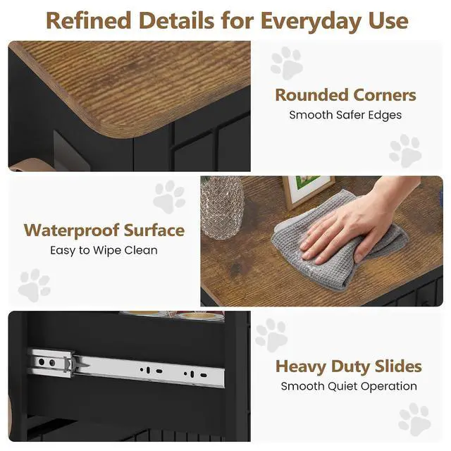Alt view image 7 of 7 - Dog Feeding Station Cabinet Elevated Bowls (Black, Classic Panel) | Slow Feeder Insert, Large food bin, Removable Divider, 3 Side Hooks, Pull-Out Drawer, Easy to Clean for Small & Middle Dogs