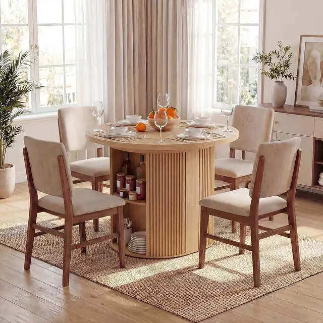 Alt view image 6 of 7 - Modern Extendable Round Dining Table with Storage | 38.6" to 110.2" Expandable Fluted Table for 2-12 People, Space Saving Table for Party, Celebration