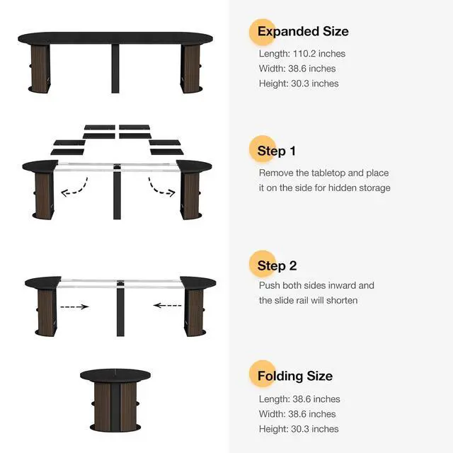 Alt view image 2 of 7 - Modern Extendable Round Dining Table with Storage | 38.6" to 110.2" Expandable Fluted Table for 2-12 People, Space Saving Table for Party, Meeting, Celebration