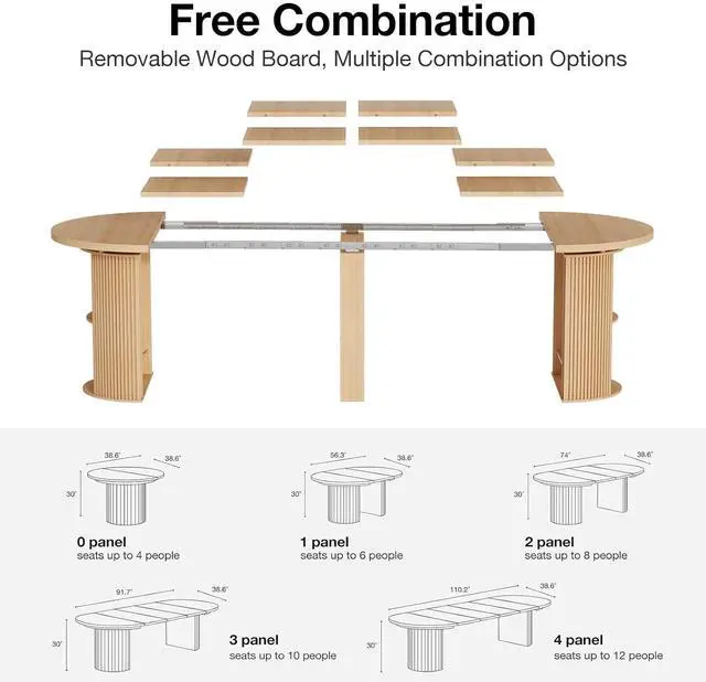 Alt view image 5 of 7 - 38.6" to 110.2" Modern Extendable Dining Table with Storage (Oak) | Expandable Fluted Round Table for 2-12 People, Space Saving Table for Party Weddings Meetings Celebrations
