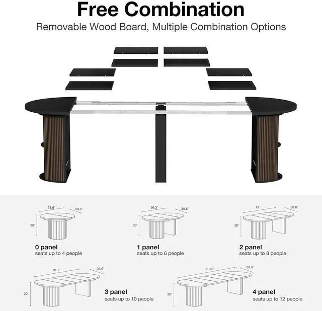 Alt view image 5 of 7 - Modern Extendable Round Dining Table with Storage | 38.6" to 110.2" Expandable Fluted Table for 2-12 People, Space Saving Table for Party, Meeting, Celebration