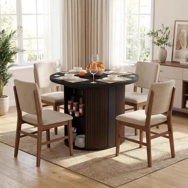 Alt view image 6 of 7 - Modern Extendable Round Dining Table with Storage | 38.6" to 110.2" Expandable Fluted Table for 2-12 People, Space Saving Table for Party, Meeting, Celebration