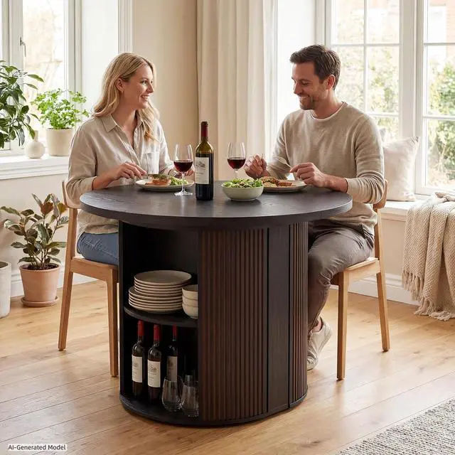 Alt view image 4 of 7 - Modern Extendable Round Dining Table with Storage | 38.6" to 110.2" Expandable Fluted Table for 2-12 People, Space Saving Table for Party, Meeting, Celebration