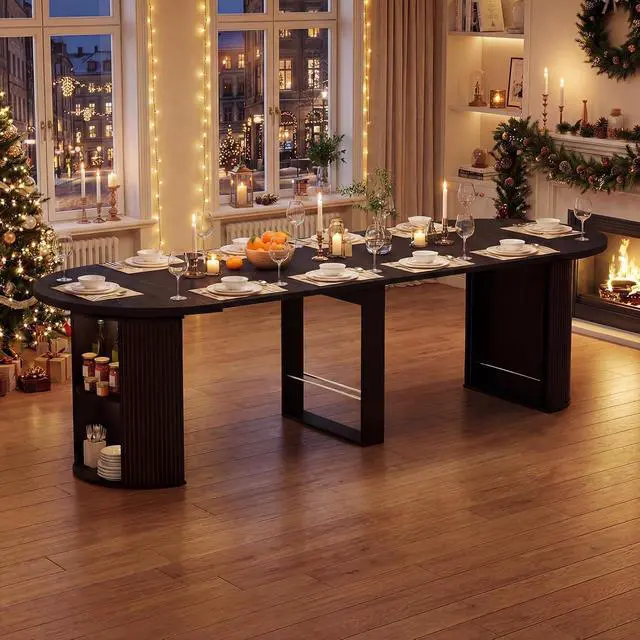 Alt view image 7 of 7 - Modern Extendable Round Dining Table with Storage | 38.6" to 110.2" Expandable Fluted Table for 2-12 People, Space Saving Table for Party, Meeting, Celebration