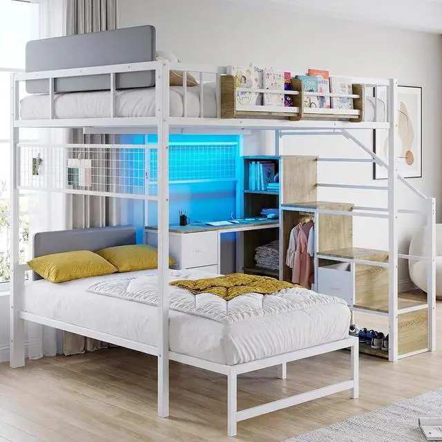 Main image of Full Over Twin Loft Bunk Bed with Desk, Stairs, Drawers & Storage Shelves, L-Shaped Metal Bunk Bed with Charging Station & LED Light for Kids, Teens, Adults (Full Over Twin)