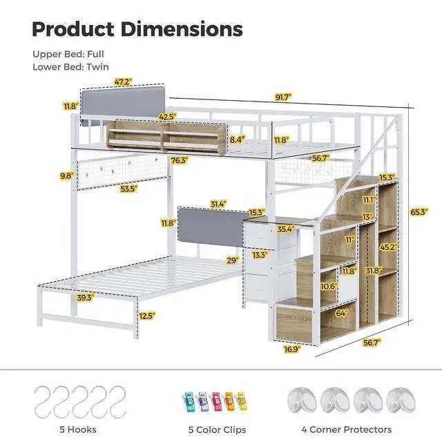 Alt view image 2 of 7 - Full Over Twin Loft Bunk Bed with Desk, Stairs, Drawers & Storage Shelves, L-Shaped Metal Bunk Bed with Charging Station & LED Light for Kids, Teens, Adults (Full Over Twin)