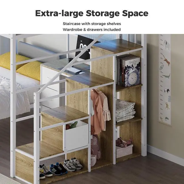 Alt view image 4 of 7 - Full Over Twin Loft Bunk Bed with Desk, Stairs, Drawers & Storage Shelves, L-Shaped Metal Bunk Bed with Charging Station & LED Light for Kids, Teens, Adults (Full Over Twin)