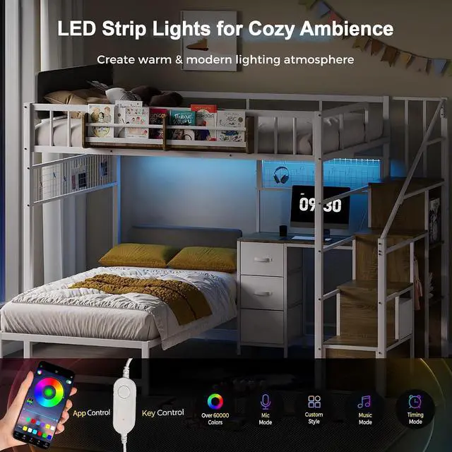 Alt view image 3 of 7 - Full Over Twin Loft Bunk Bed with Desk, Stairs, Drawers & Storage Shelves, L-Shaped Metal Bunk Bed with Charging Station & LED Light for Kids, Teens, Adults (Full Over Twin)