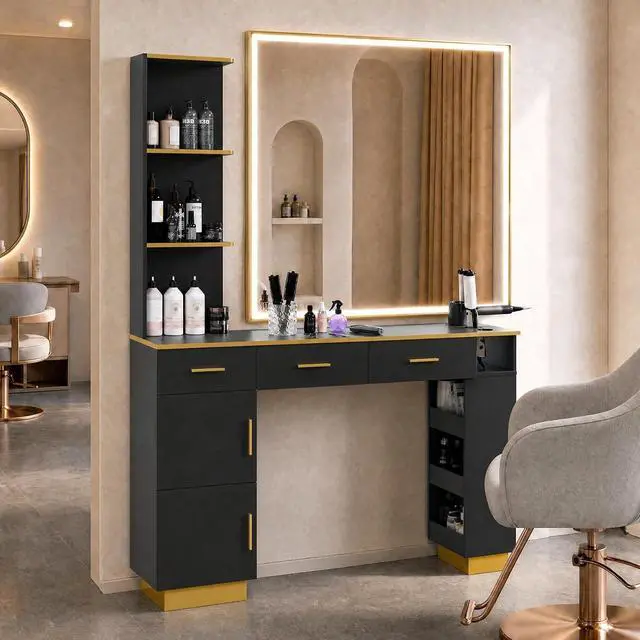 Main image of Salon Station for Hair Stylists, Professional Barber Desk Styling Station with 2 Cabinets, 3 Drawers, Display Rack & Open Shelves, Salon Storage Cabinet for Barber Shop Spa Beauty, Wall Mount, Black