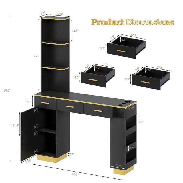 Alt view image 2 of 7 - Salon Station for Hair Stylists, Professional Barber Desk Styling Station with 2 Cabinets, 3 Drawers, Display Rack & Open Shelves, Salon Storage Cabinet for Barber Shop Spa Beauty, Wall Mount, Black