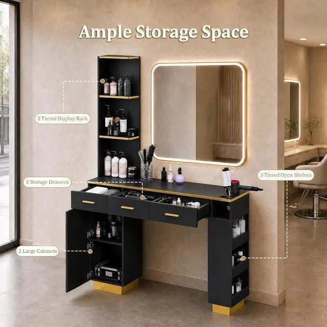 Alt view image 3 of 7 - Salon Station for Hair Stylists, Professional Barber Desk Styling Station with 2 Cabinets, 3 Drawers, Display Rack & Open Shelves, Salon Storage Cabinet for Barber Shop Spa Beauty, Wall Mount, Black