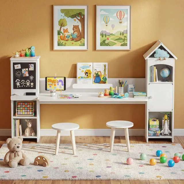 Alt view image 4 of 7 - Kids Desk with Storage & 2 Stools | Magnetic Blackboard, Rounded Corners, Ample Storage, Book Stand, 47" Wide for 2 Kids, Bedroom/Playroom, Ages 3-8