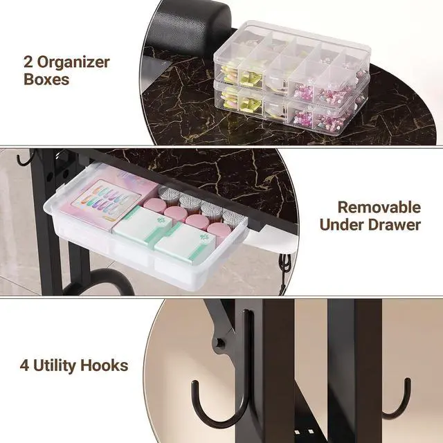Alt view image 6 of 7 - Foldable Portable Nail Desk Manicure Table w/ Dust Collector & Lamp, Black | Rolling Nail Station w/ Drawer, Mobile Manicure Desk, Home Travel Salon, Wrist Cushion, Lockable Wheels, 4 Hooks, Dust Bags