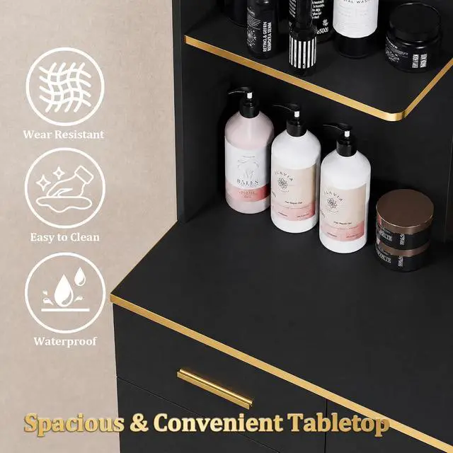 Alt view image 4 of 7 - Salon Station for Hair Stylists, Professional Barber Desk Styling Station with 2 Cabinets, 3 Drawers, Display Rack & Open Shelves, Salon Storage Cabinet for Barber Shop Spa Beauty, Wall Mount, Black