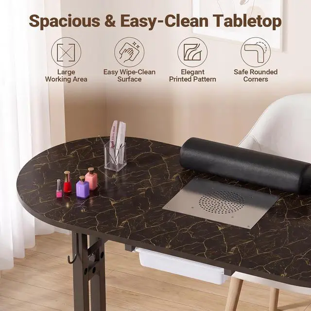 Alt view image 7 of 7 - Foldable Portable Nail Desk Manicure Table w/ Dust Collector & Lamp, Black | Rolling Nail Station w/ Drawer, Mobile Manicure Desk, Home Travel Salon, Wrist Cushion, Lockable Wheels, 4 Hooks, Dust Bags