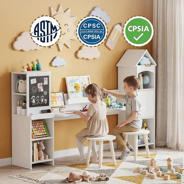 Alt view image 5 of 7 - Kids Desk with Storage & 2 Stools | Magnetic Blackboard, Rounded Corners, Ample Storage, Book Stand, 47" Wide for 2 Kids, Bedroom/Playroom, Ages 3-8