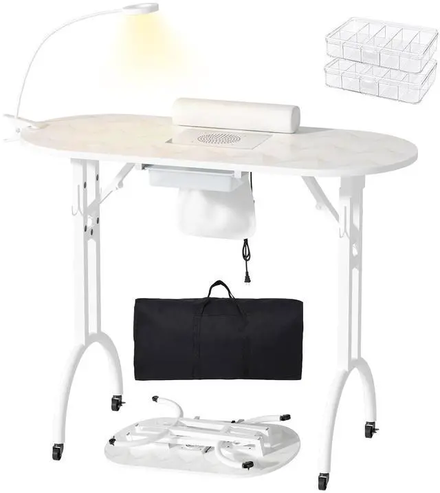 Main image of Foldable Portable Nail Desk Manicure Table w/ Dust Collector & Lamp, White | Rolling Nail Station w/ Drawer, Mobile Manicure Desk, Home Travel Salon, Wrist Cushion, Lockable Wheels, 4 Hooks, Dust Bags