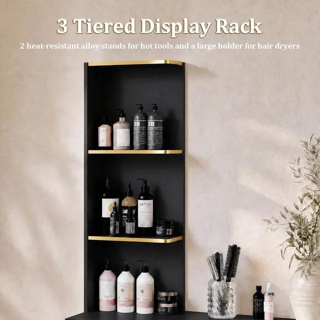 Alt view image 6 of 7 - Salon Station for Hair Stylists, Professional Barber Desk Styling Station with 2 Cabinets, 3 Drawers, Display Rack & Open Shelves, Salon Storage Cabinet for Barber Shop Spa Beauty, Wall Mount, Black