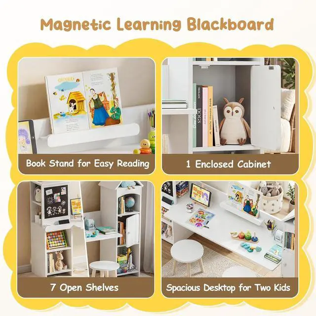 Alt view image 7 of 7 - Kids Desk with Storage & 2 Stools | Magnetic Blackboard, Rounded Corners, Ample Storage, Book Stand, 47" Wide for 2 Kids, Bedroom/Playroom, Ages 3-8