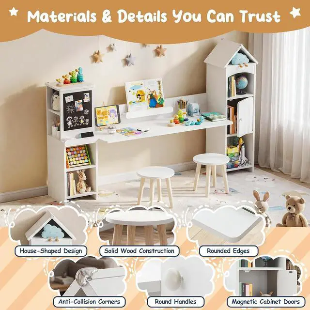 Alt view image 6 of 7 - Kids Desk with Storage & 2 Stools | Magnetic Blackboard, Rounded Corners, Ample Storage, Book Stand, 47" Wide for 2 Kids, Bedroom/Playroom, Ages 3-8