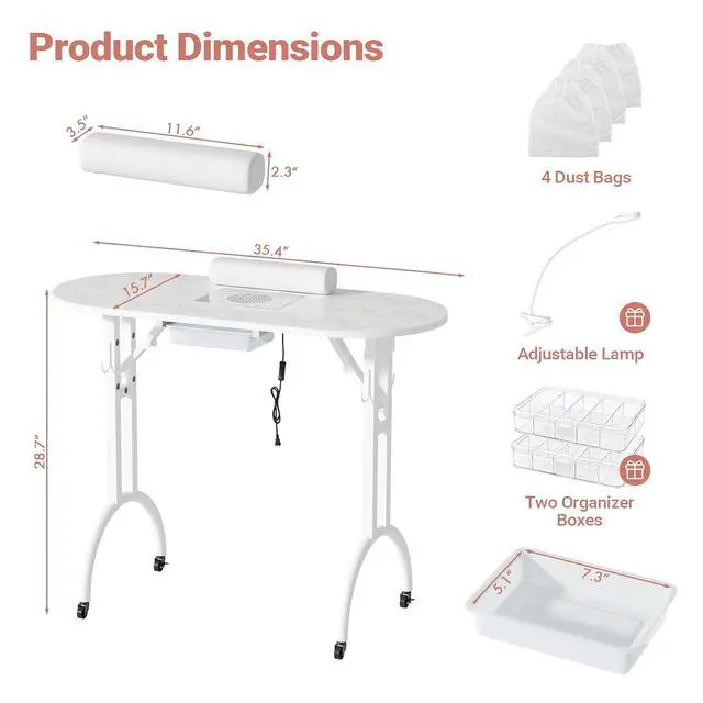 Alt view image 2 of 7 - Foldable Portable Nail Desk Manicure Table w/ Dust Collector & Lamp, White | Rolling Nail Station w/ Drawer, Mobile Manicure Desk, Home Travel Salon, Wrist Cushion, Lockable Wheels, 4 Hooks, Dust Bags