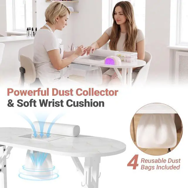 Alt view image 4 of 7 - Foldable Portable Nail Desk Manicure Table w/ Dust Collector & Lamp, White | Rolling Nail Station w/ Drawer, Mobile Manicure Desk, Home Travel Salon, Wrist Cushion, Lockable Wheels, 4 Hooks, Dust Bags